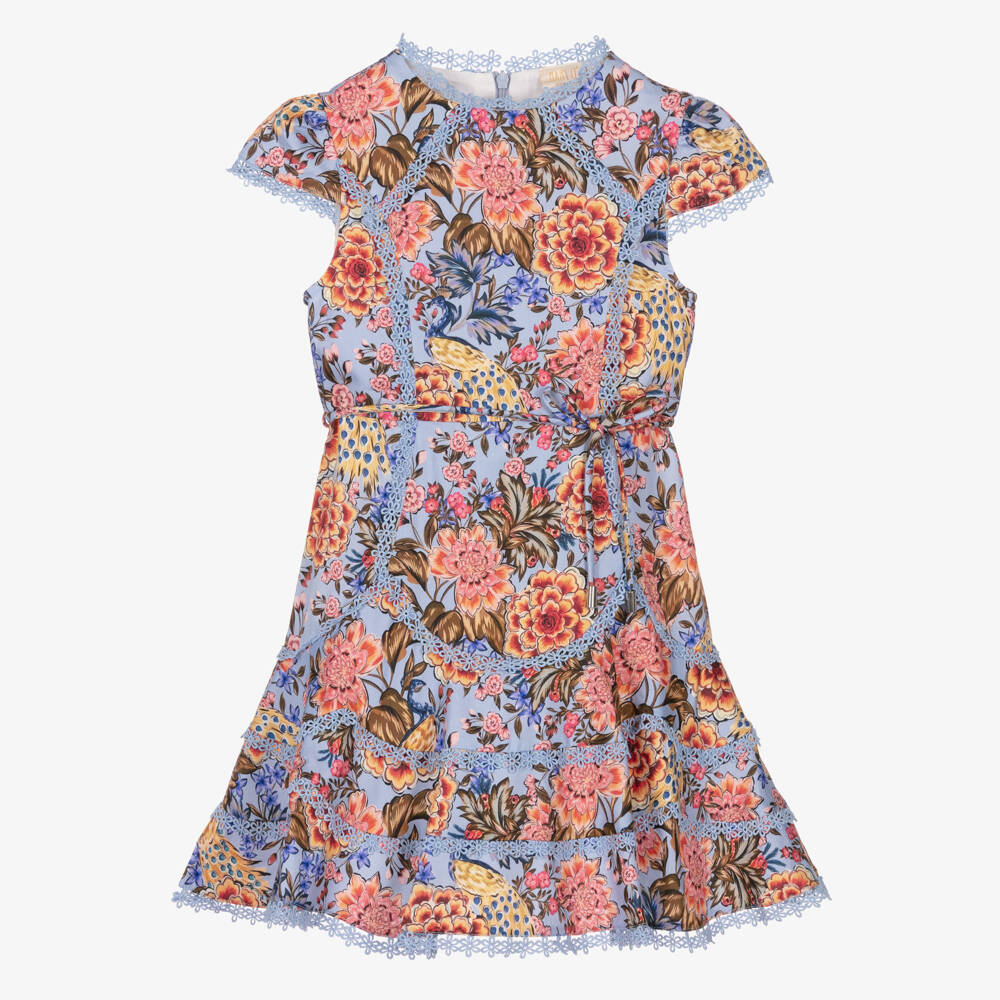 Marlo Kids-Платье сине-розовое с цветами и вышивкой для девочек | Childrensalon