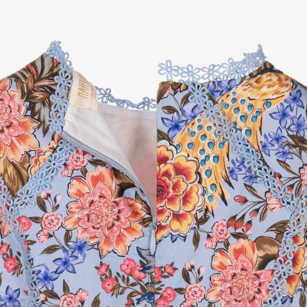 Marlo Kids-Платье сине-розовое с цветами и вышивкой для девочек | Childrensalon