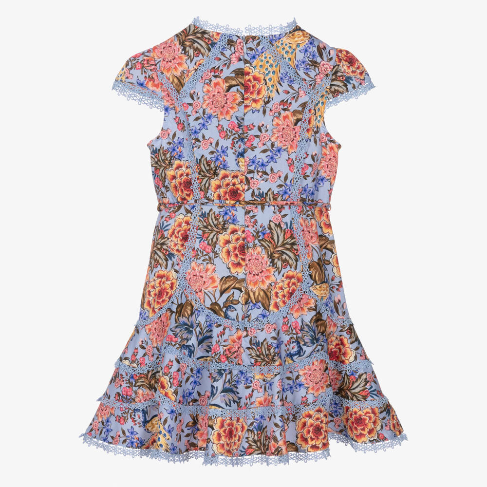 Marlo Kids-Платье сине-розовое с цветами и вышивкой для девочек | Childrensalon