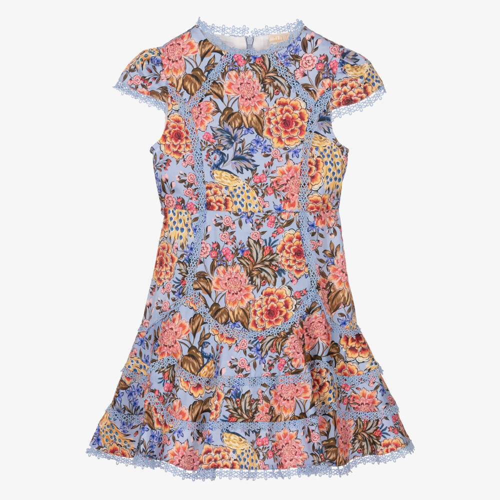 Marlo Kids-Платье сине-розовое с цветами и вышивкой для девочек | Childrensalon