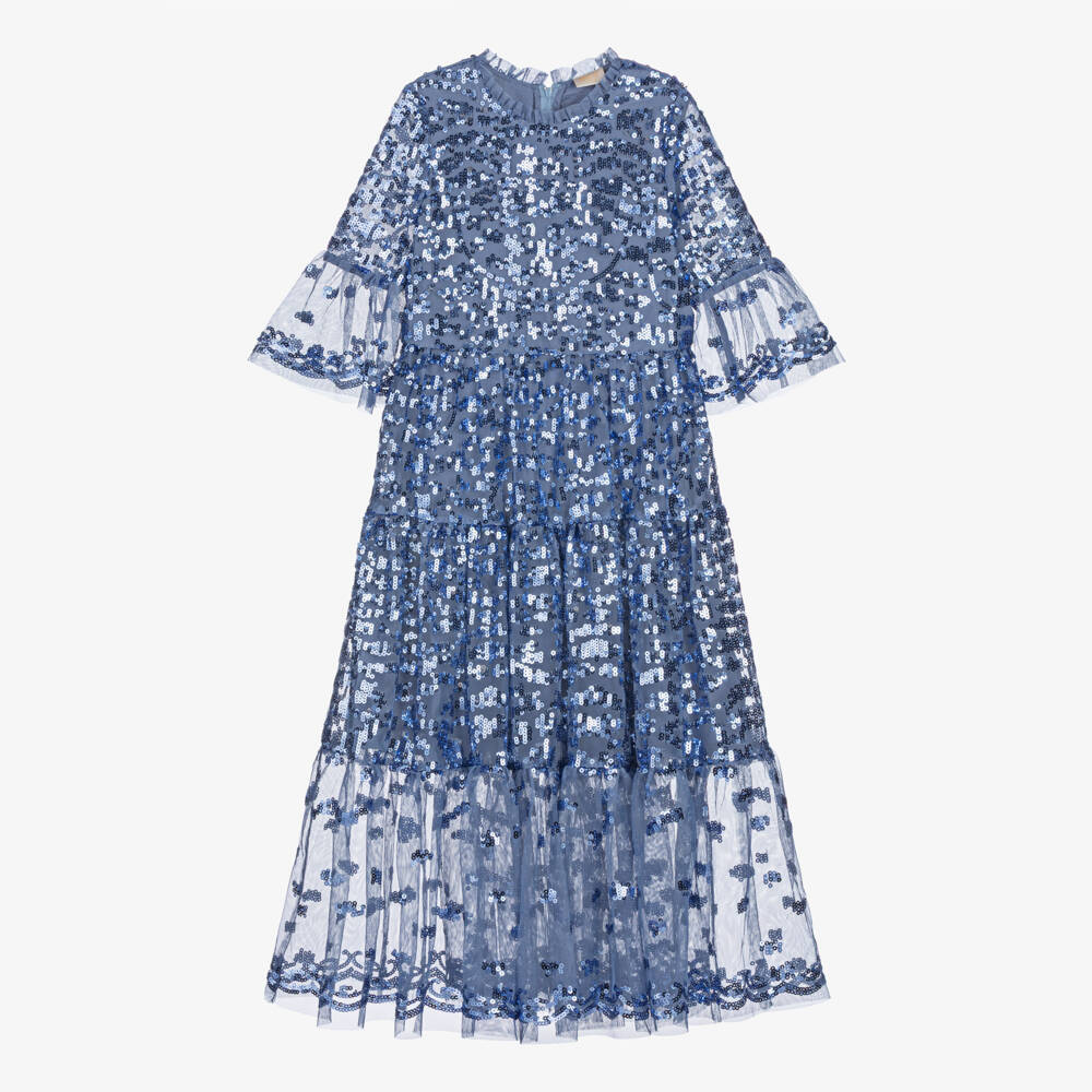 Marlo Kids-فستان ماكسي تول مزين بالترتر لون أزرق للبنات  | Childrensalon