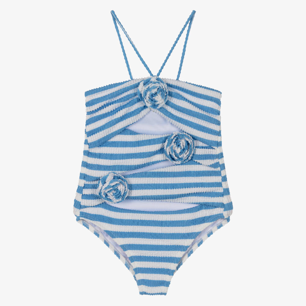 Marlo Kids-Girls Blue & White Striped Crinkle Swimsuit | Childrensalon