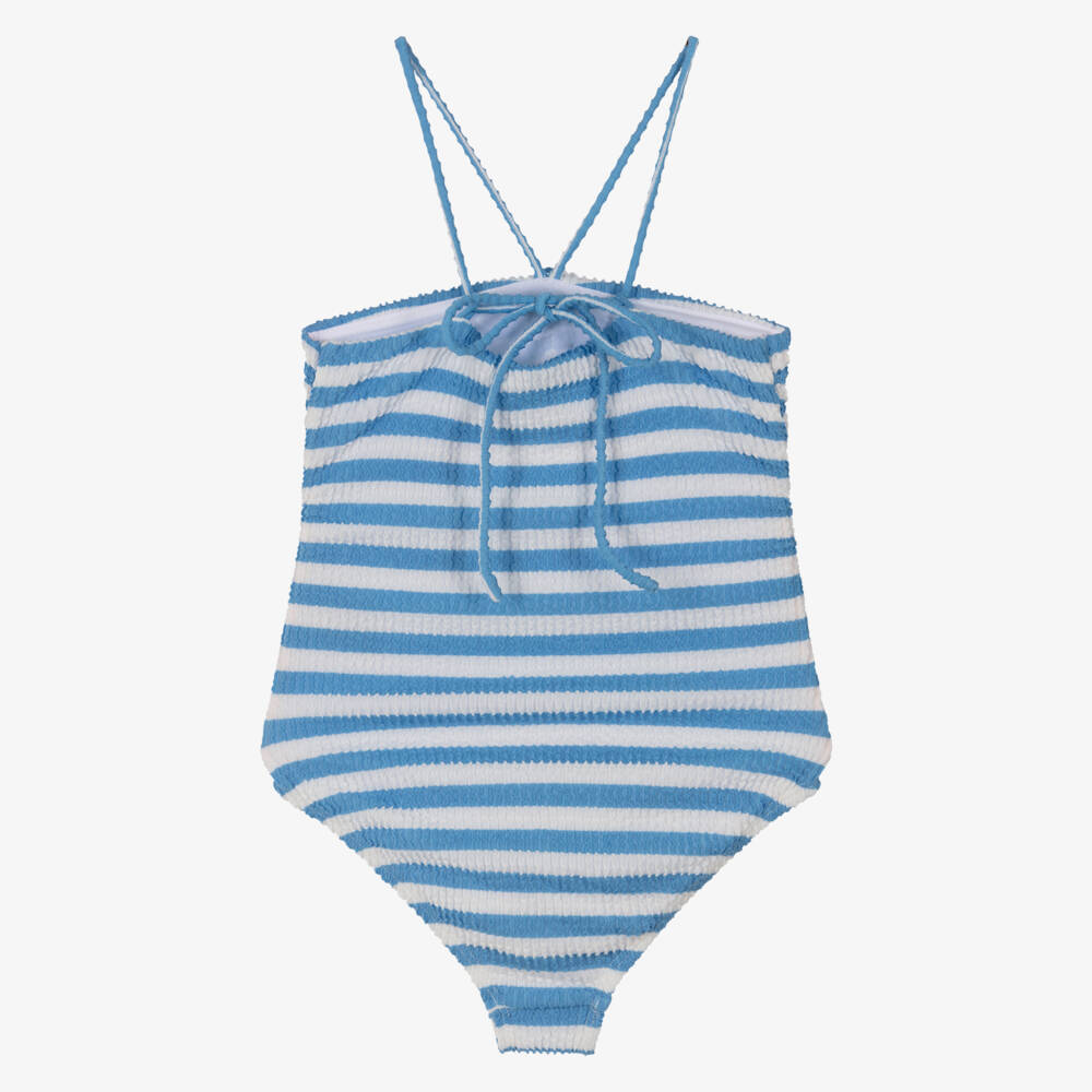 Marlo Kids-Girls Blue & White Striped Crinkle Swimsuit | Childrensalon