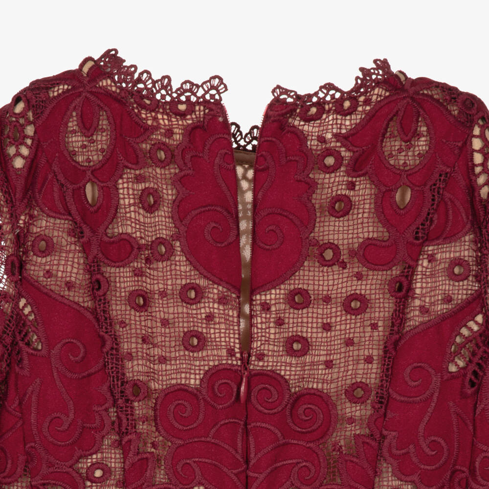 Marlo Kids-Girls Burgundy Red Embroidered Lace Dress | Childrensalon