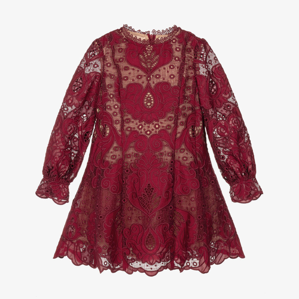 Marlo Kids-Girls Burgundy Red Embroidered Lace Dress | Childrensalon
