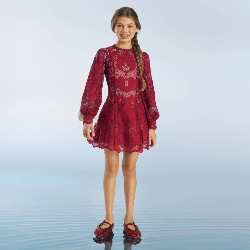Marlo Kids-Girls Burgundy Red Embroidered Lace Dress | Childrensalon