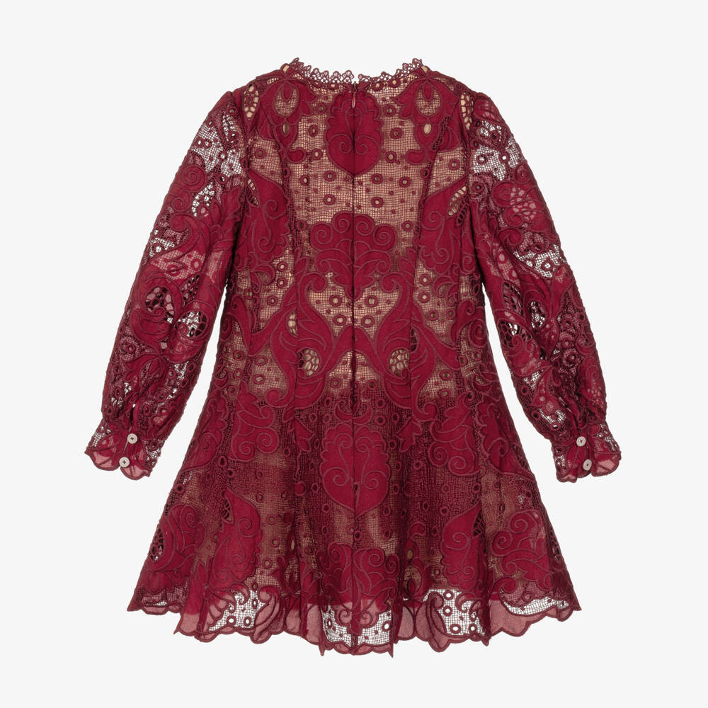 Marlo Kids-Girls Burgundy Red Embroidered Lace Dress | Childrensalon