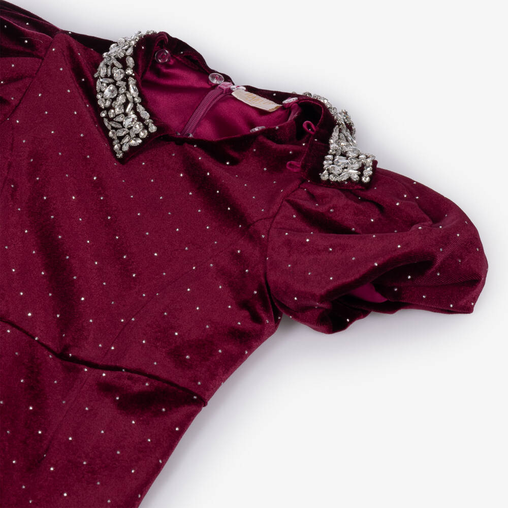Marlo Kids-Girls Burgundy Red Velvet Dress with Diamanté | Childrensalon