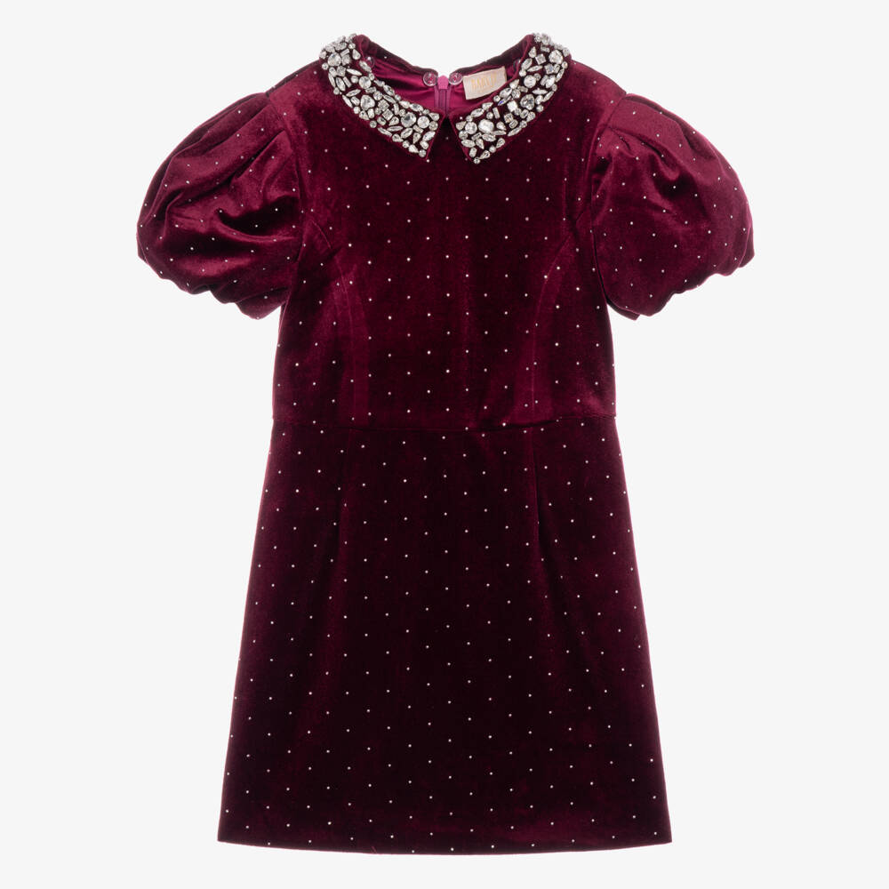 Marlo Kids-Girls Burgundy Red Velvet Dress with Diamanté | Childrensalon