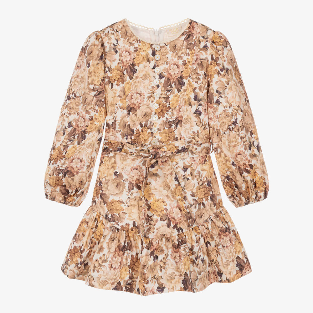 Marlo Kids-Girls Floral Cotton Dress in Brown & Pink | Childrensalon
