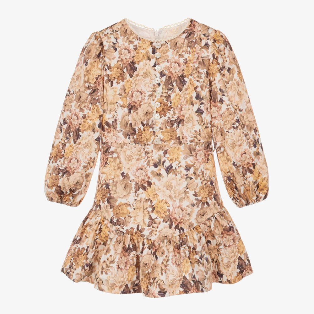 Marlo Kids-Girls Floral Cotton Dress in Brown & Pink | Childrensalon