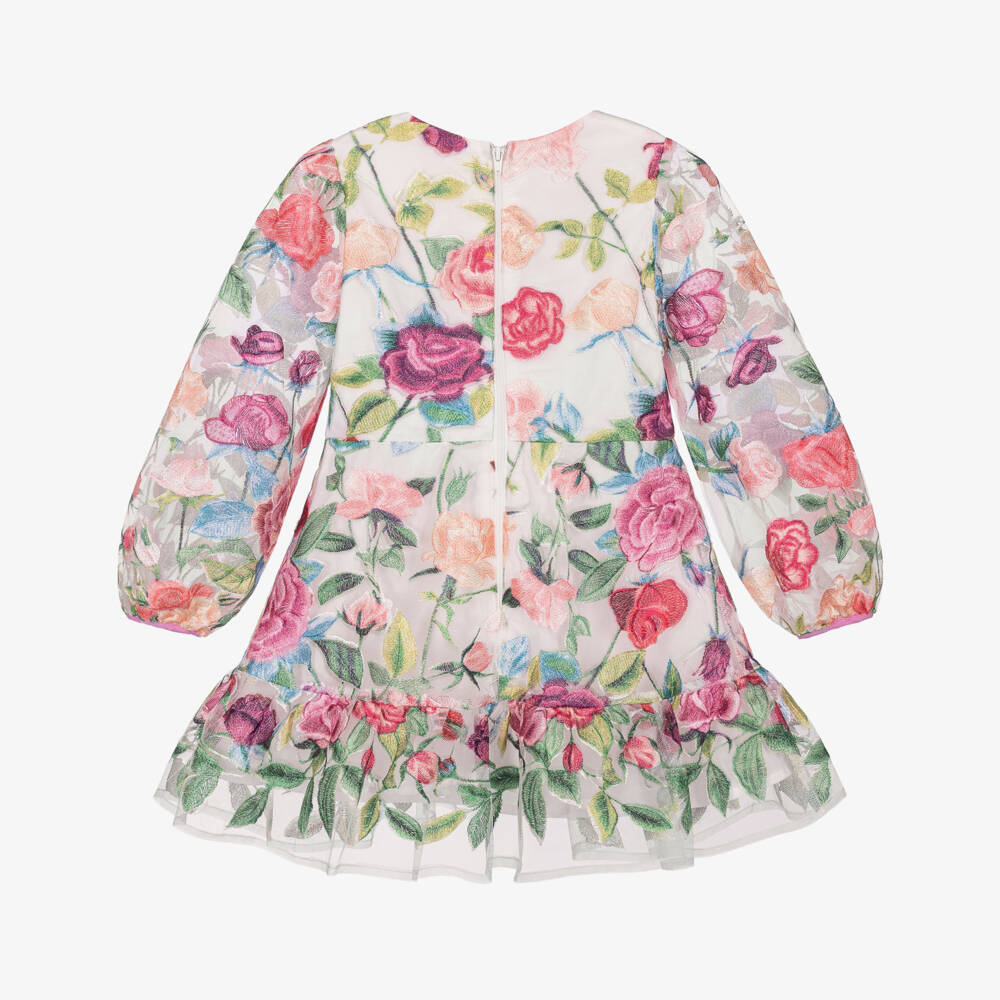 Marlo Kids-Girls Green & Pink V-Neck Dress with Floral Embroidery | Childrensalon
