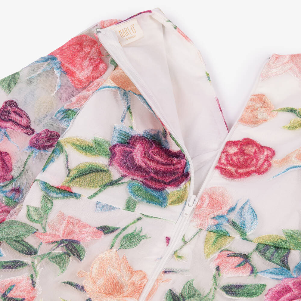 Marlo Kids-Girls Green & Pink V-Neck Dress with Floral Embroidery | Childrensalon