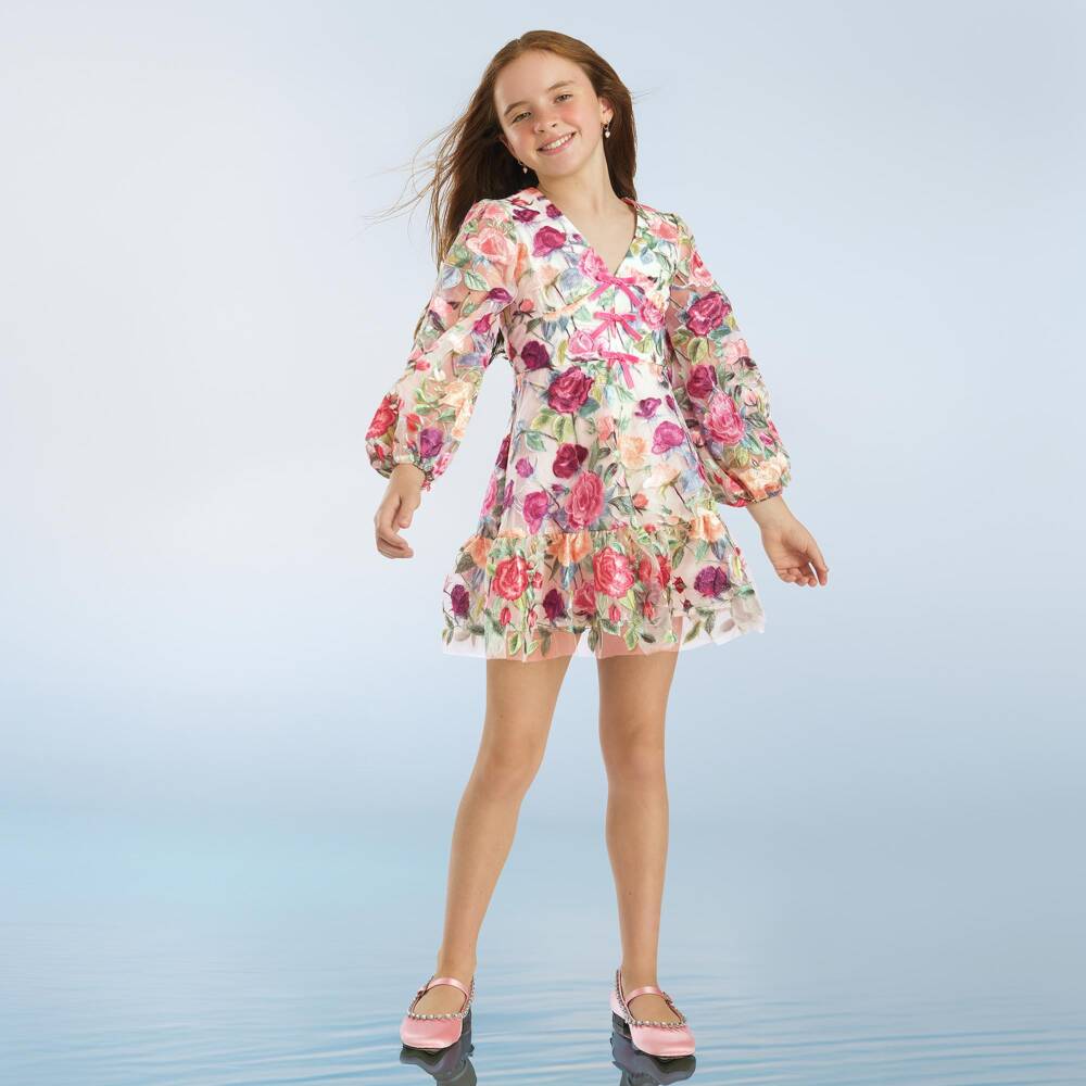 Marlo Kids-Girls Green & Pink V-Neck Dress with Floral Embroidery | Childrensalon