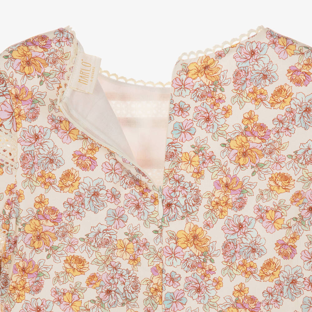 Marlo Kids-Girls Ivory Cotton Floral Dress with Lace Details | Childrensalon