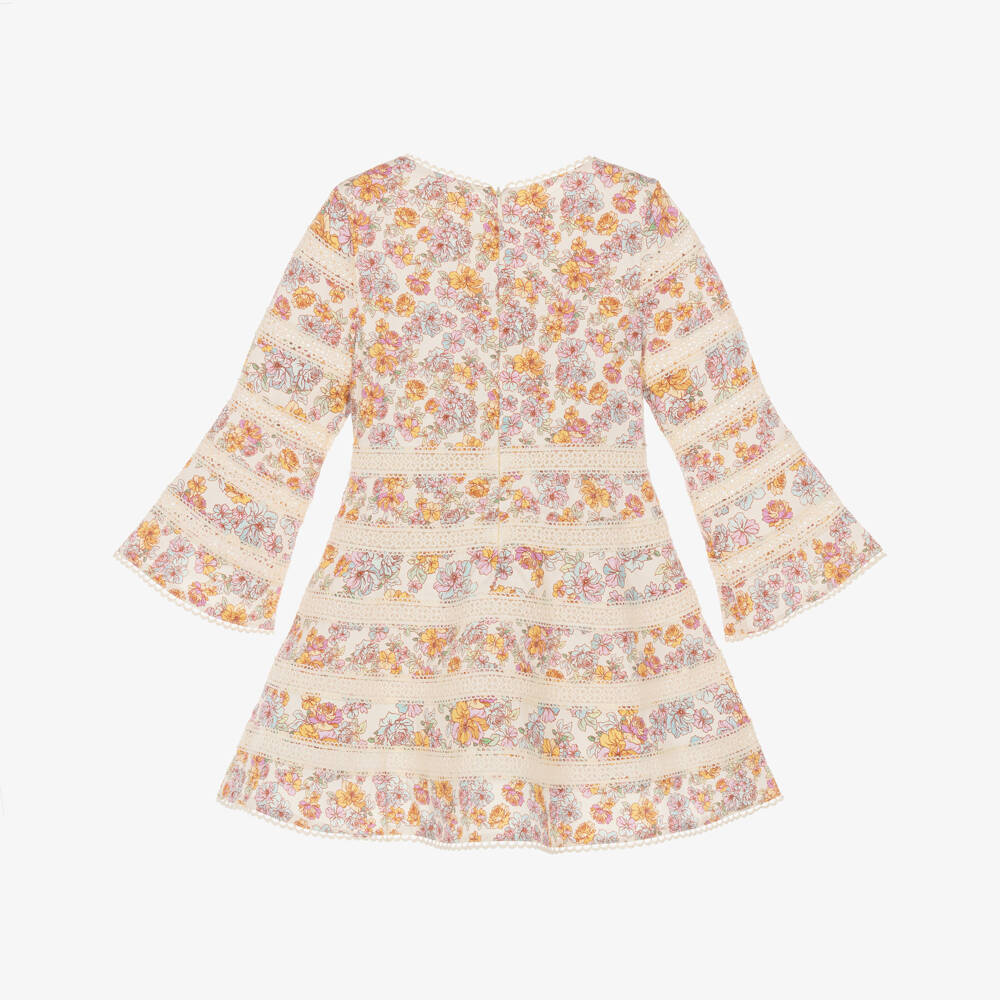 Marlo Kids-Girls Ivory Cotton Floral Dress with Lace Details | Childrensalon