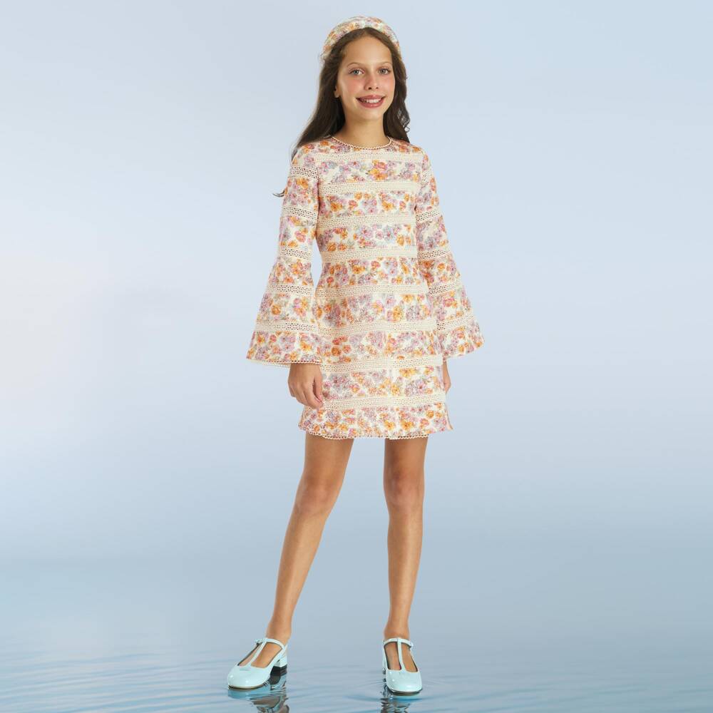 Marlo Kids-Girls Ivory Cotton Floral Dress with Lace Details | Childrensalon