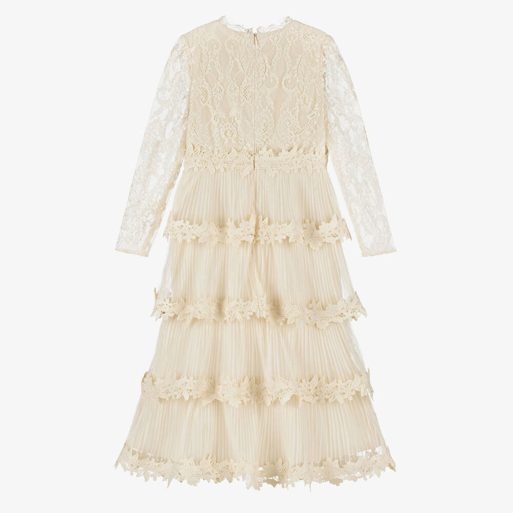 Marlo Kids-Girls Ivory Lace & Pleated Tulle Tiered Maxi Dress | Childrensalon
