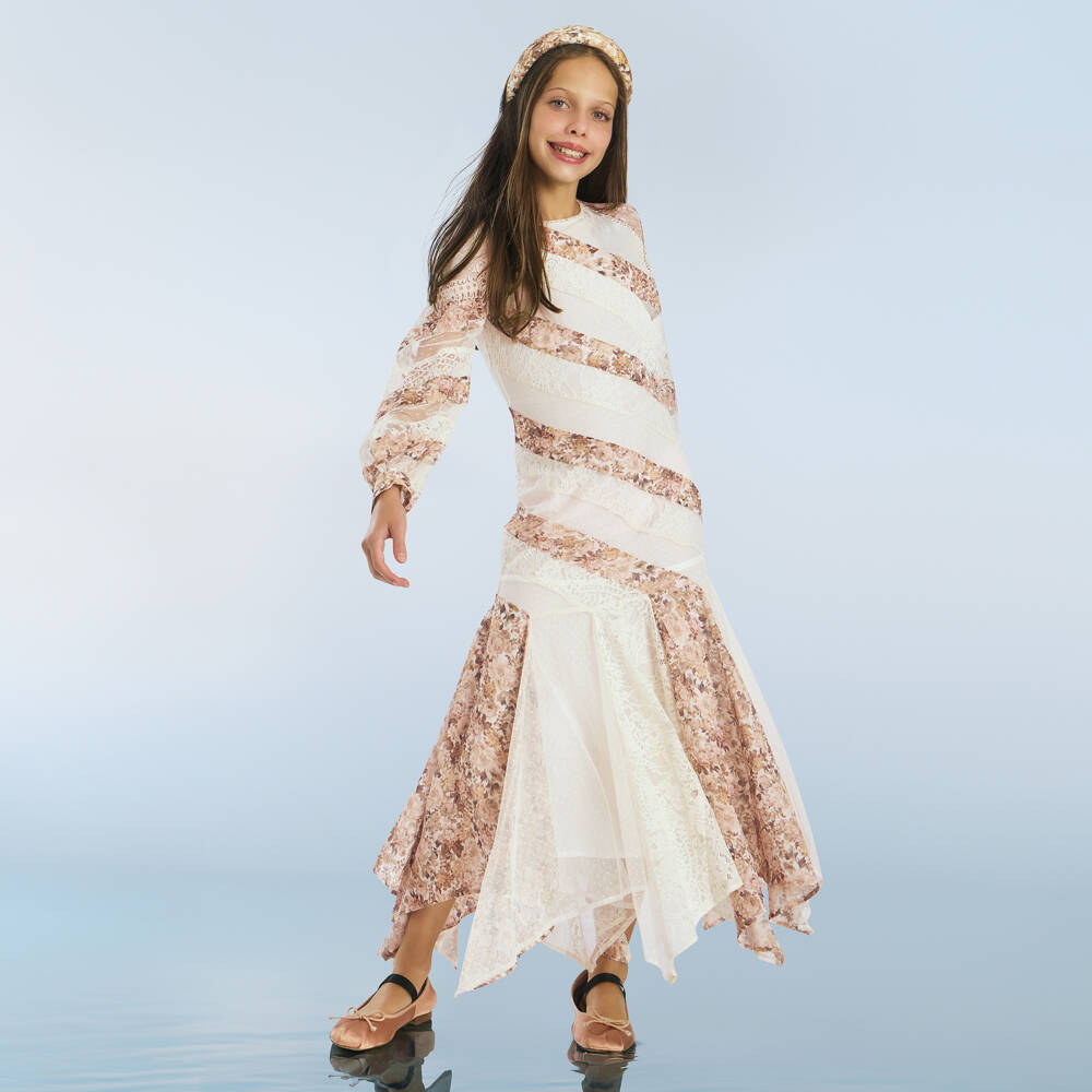 Marlo Kids-Girls Ivory & Pink Floral Maxi Dress | Childrensalon