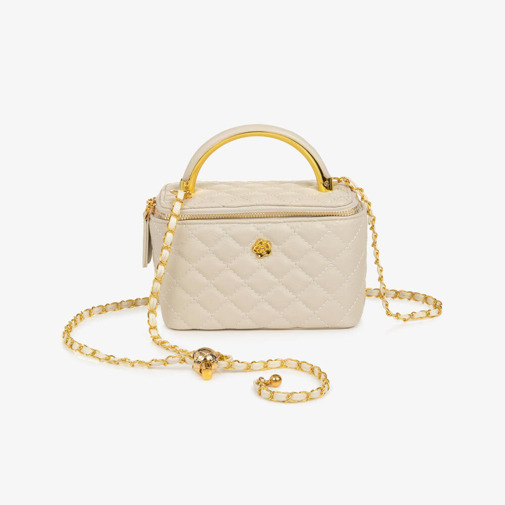 Marlo Kids-Girls Ivory Quilted Faux Leather Box Handbag (18cm) | Childrensalon
