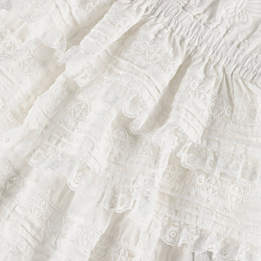 Marlo Kids-فستان قطن وحرير بطبقات وتطريز زهور لون عاجي للبنات  | Childrensalon