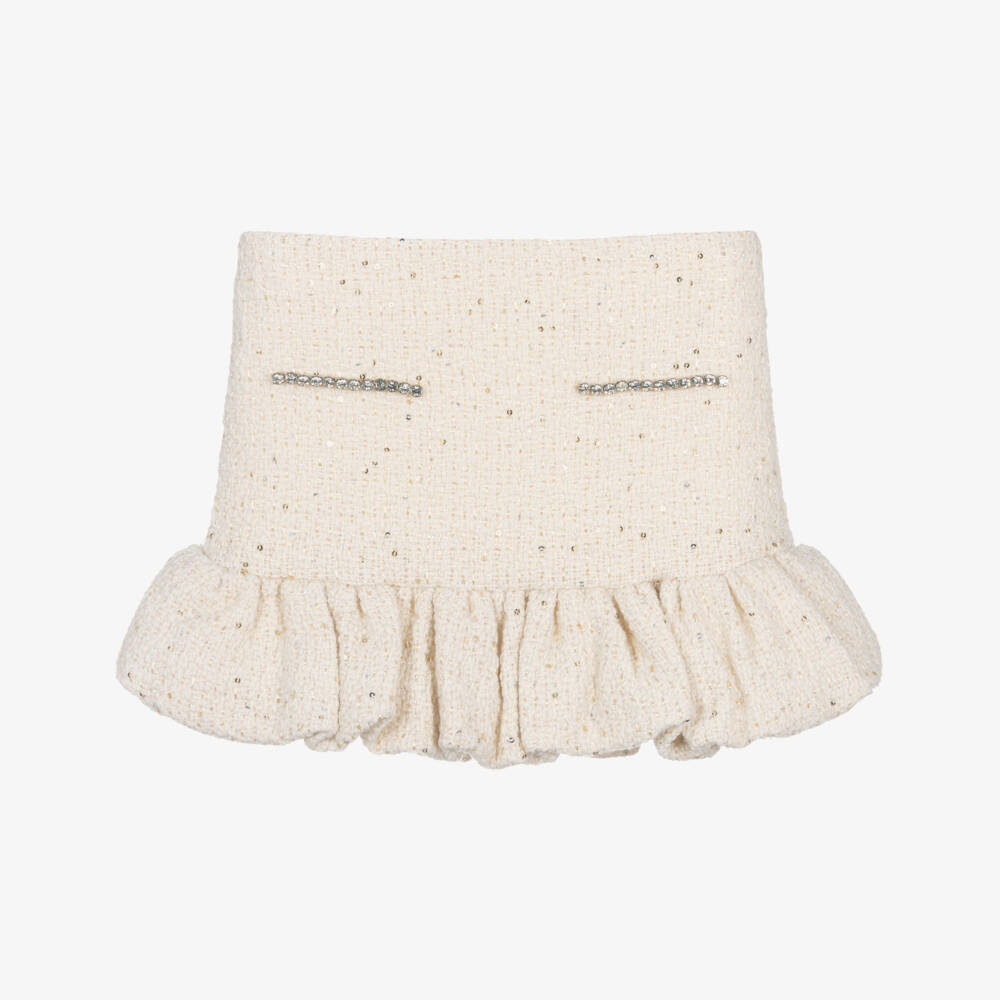 Marlo Kids-Girls Ivory Tweed Mini Skirt with Sequin & Diamanté | Childrensalon