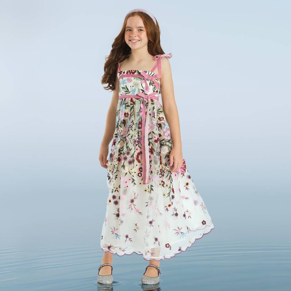 Marlo Kids-Girls Multicolour Floral Embroidered Maxi Dress | Childrensalon