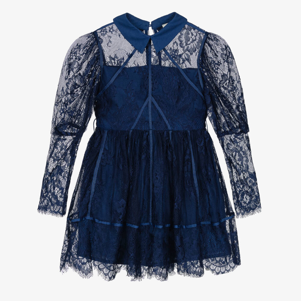 Marlo Kids-Girls Navy Blue Guipure Lace Belted Dress | Childrensalon