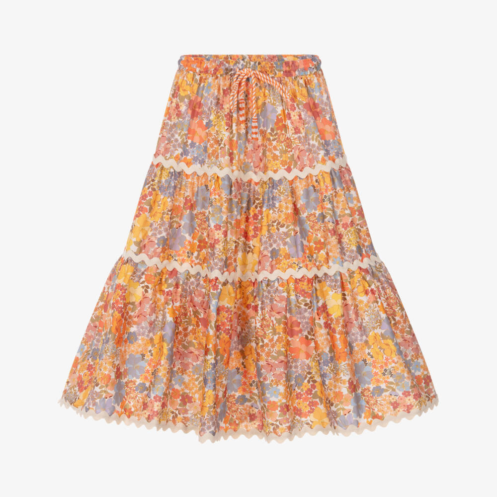 Marlo Kids-Girls Orange Cotton Floral Maxi Skirt | Childrensalon