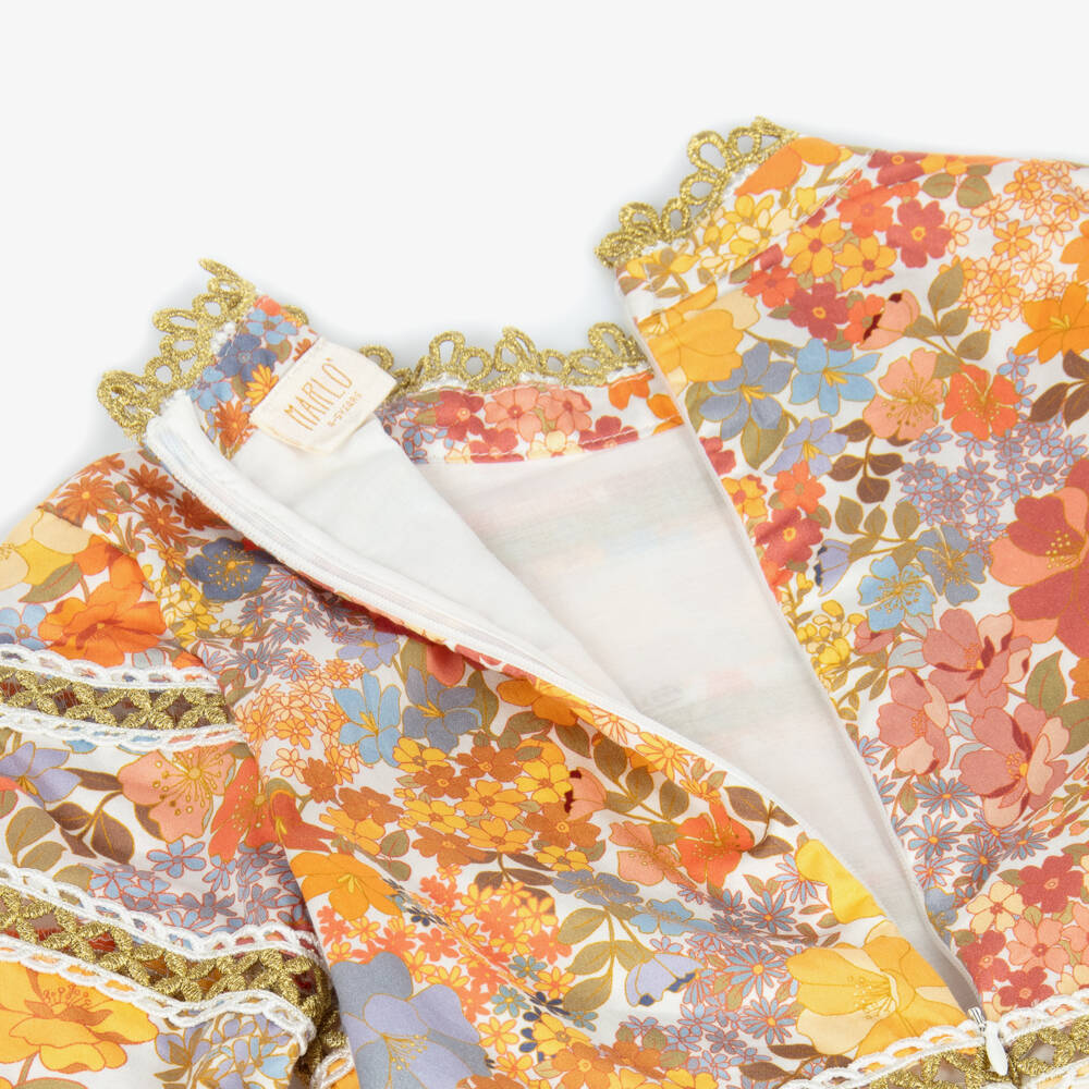 Marlo Kids-Girls Orange Floral Cotton Sateen Dress with Gold Embroidery | Childrensalon