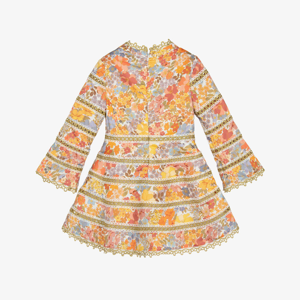 Marlo Kids-Girls Orange Floral Cotton Sateen Dress with Gold Embroidery | Childrensalon