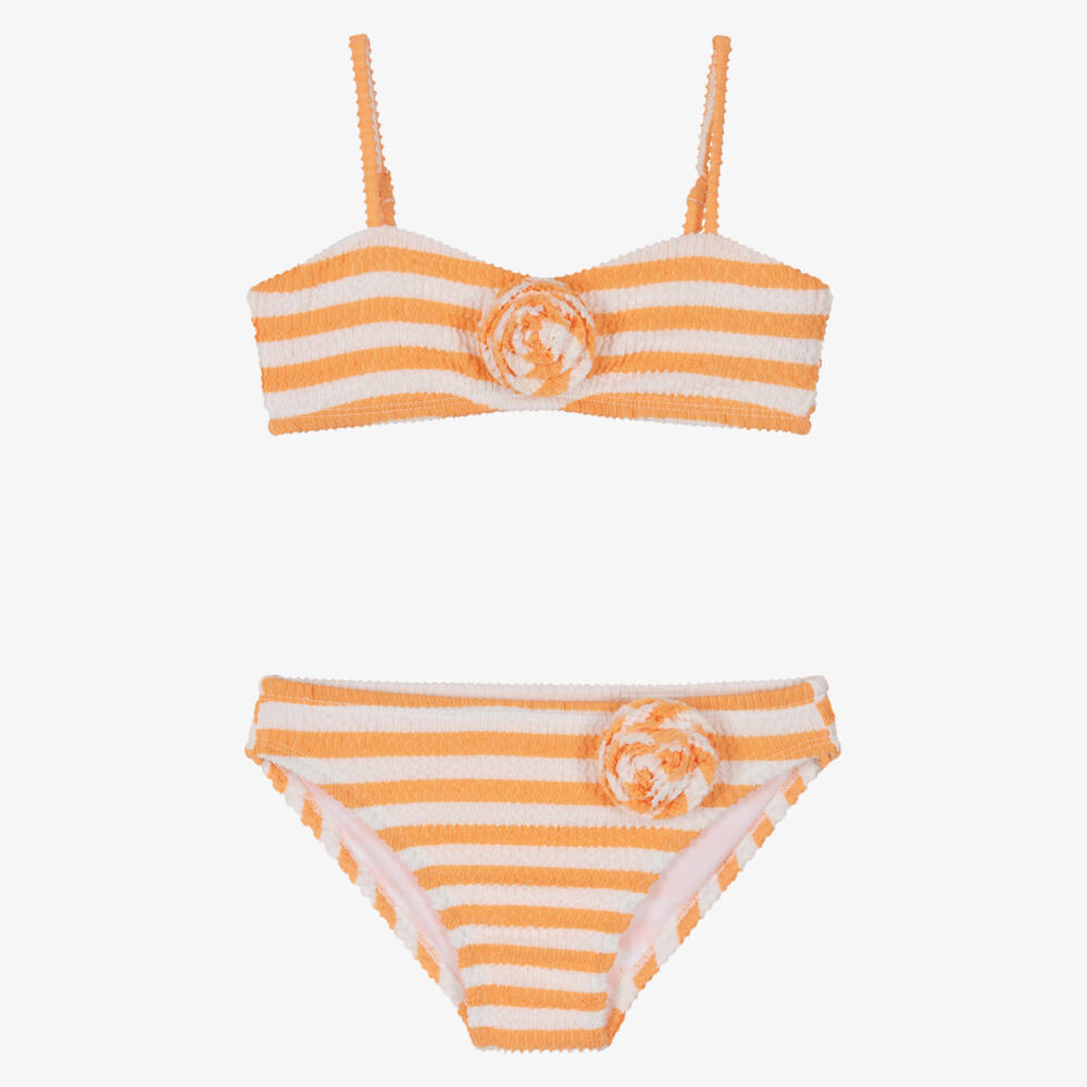 Marlo Kids-Girls Orange & White Stripe Crinkle Bikini | Childrensalon