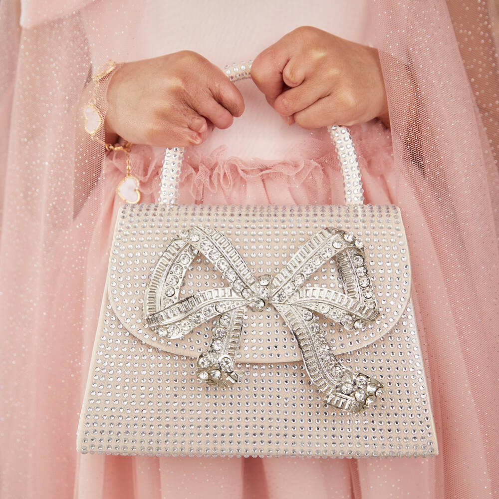 Marlo Kids-Girls Pale Pink Diamanté Embellished Bow Bag (18cm) | Childrensalon