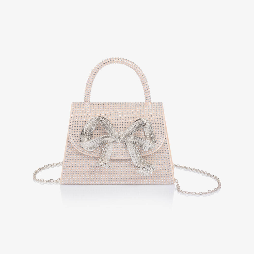 Marlo Kids-Girls Pale Pink Diamanté Embellished Bow Bag (18cm) | Childrensalon