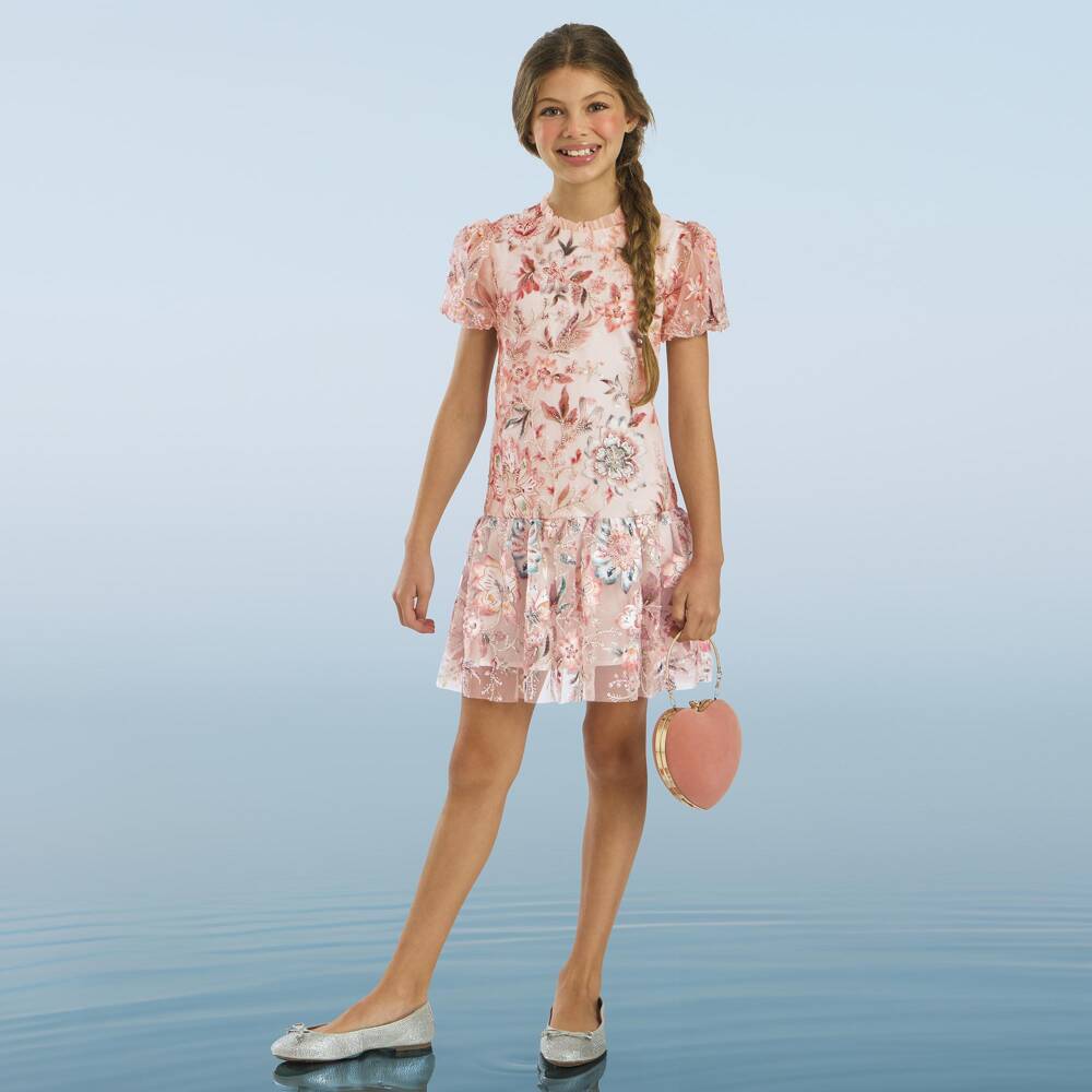 Marlo Kids-Girls Pale Pink Embroidered & Beaded Floral Dress | Childrensalon