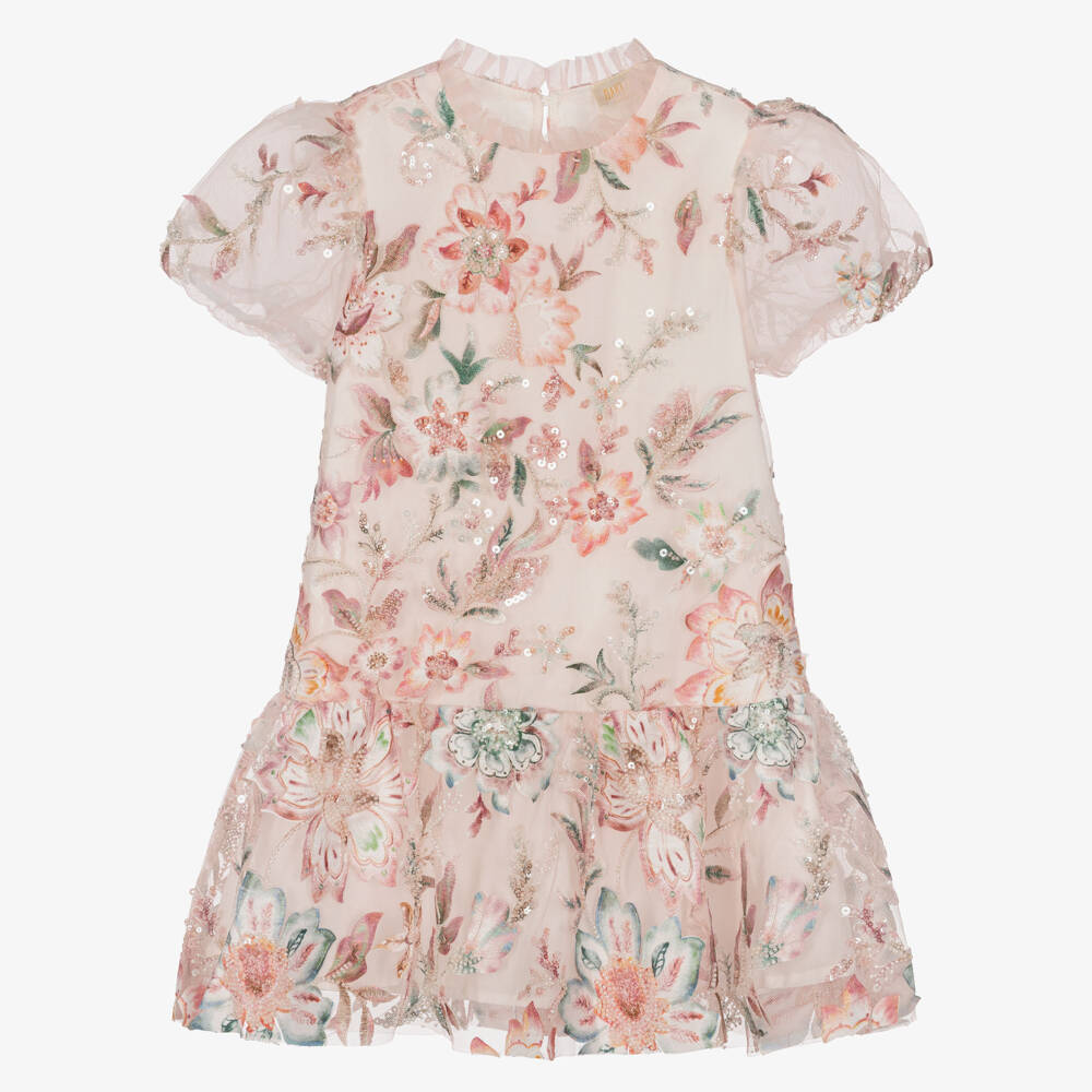Marlo Kids-Girls Pale Pink Embroidered & Beaded Floral Dress | Childrensalon
