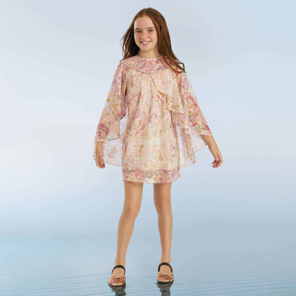 Marlo Kids-Girls Pale Pink Floral Lace Cape Dress | Childrensalon