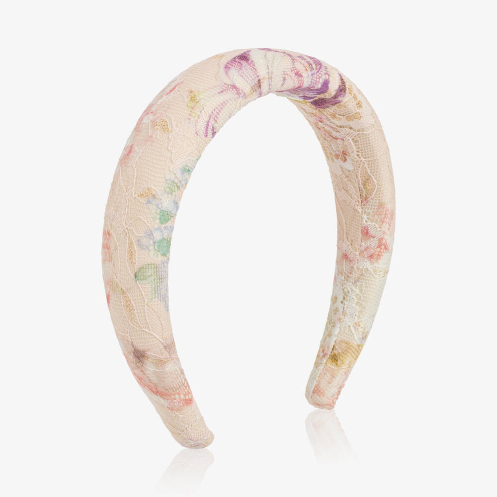 Marlo Kids-Girls Pale Pink Padded Hairband in Floral Lace | Childrensalon