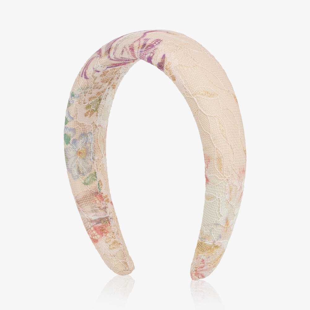 Marlo Kids-Girls Pale Pink Padded Hairband in Floral Lace | Childrensalon