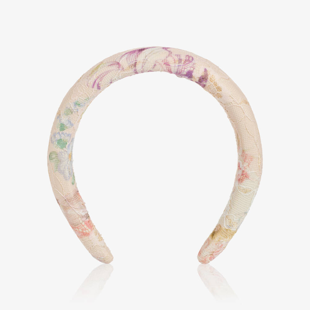 Marlo Kids-Girls Pale Pink Padded Hairband in Floral Lace | Childrensalon