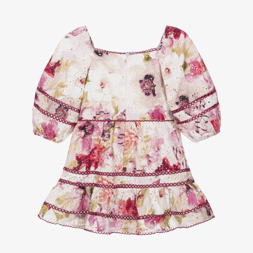 Marlo Kids-Girls Pink & Burgundy Broderie Mini Dress | Childrensalon