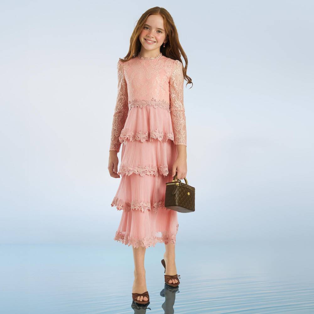 Marlo Kids-Girls Pink Floral Lace Tiered Dress | Childrensalon