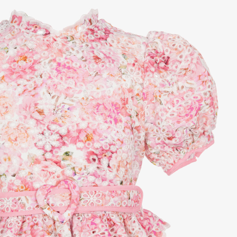 Marlo Kids-Girls Pink Floral Print Broderie Anglaise Cotton Dress | Childrensalon