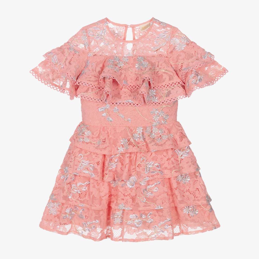 Marlo Kids-Платье розовое кружевное с серебряной цветочной вышивкой для девочек  | Childrensalon