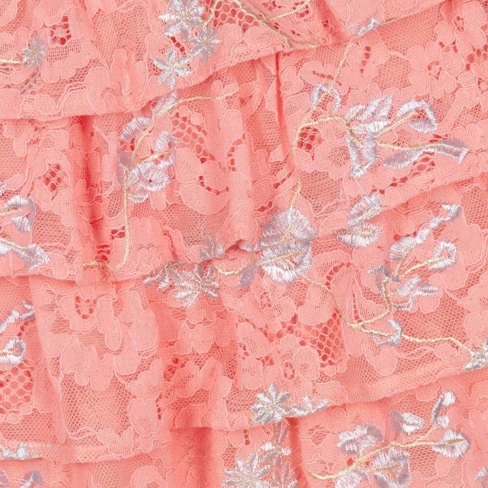Marlo Kids-Платье розовое кружевное с серебряной цветочной вышивкой для девочек | Childrensalon