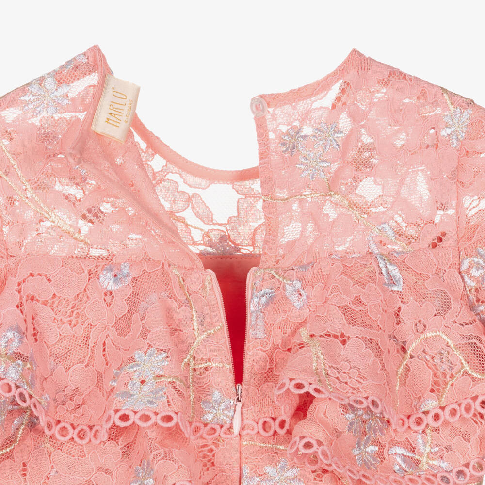 Marlo Kids-Платье розовое кружевное с серебряной цветочной вышивкой для девочек | Childrensalon