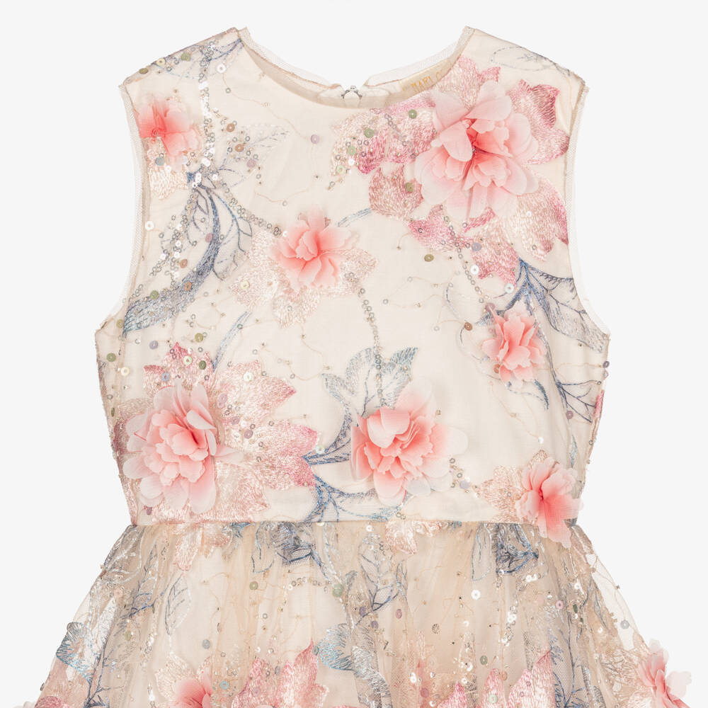 Marlo Kids-Girls Pink Tulle Dress with Embroidered Florals & Sequins | Childrensalon