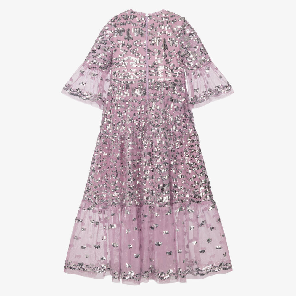 Marlo Kids-Girls Pink Tulle Maxi Dress with Silver Sequins | Childrensalon