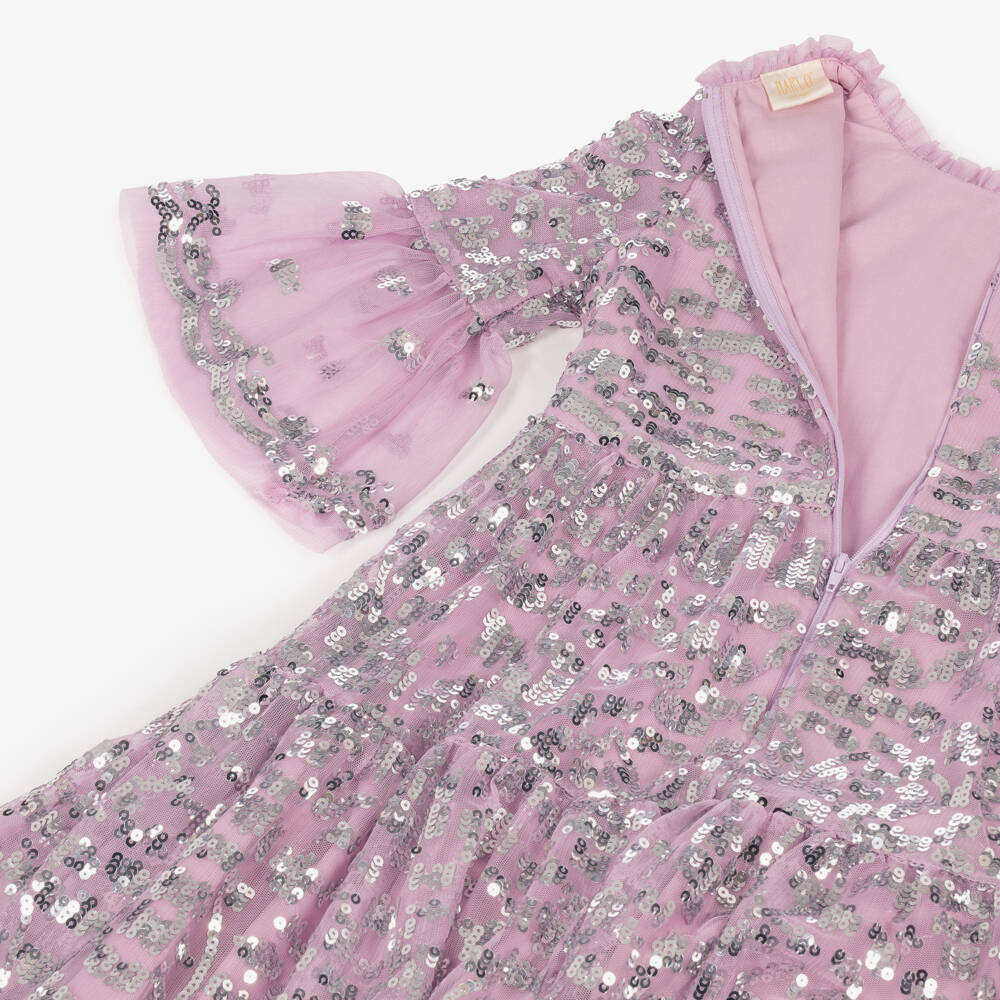 Marlo Kids-Girls Pink Tulle Maxi Dress with Silver Sequins | Childrensalon
