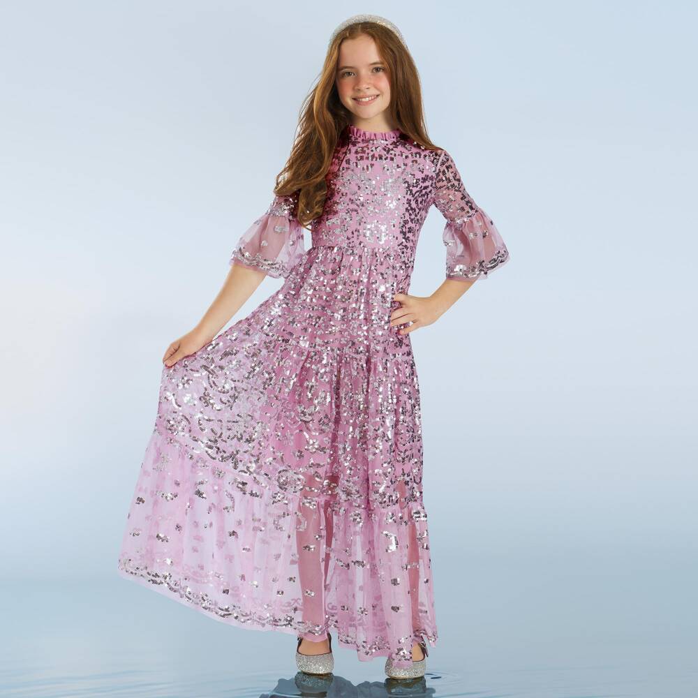 Marlo Kids-Girls Pink Tulle Maxi Dress with Silver Sequins | Childrensalon
